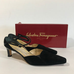 Salvatore Ferragamo Strappy Black Suede Short Heel